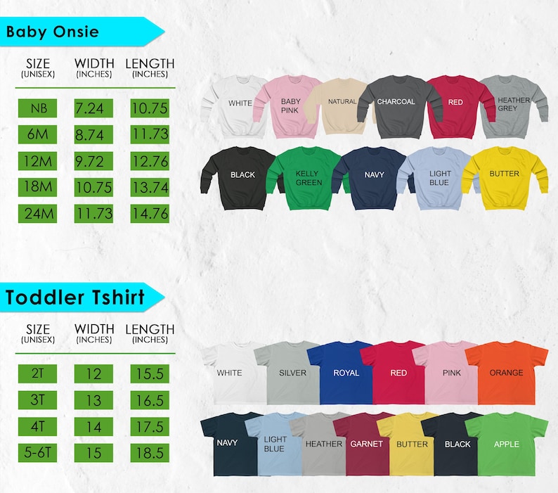The image is a collage of various sizes and colors of baby and toddler shirts, along with their corresponding measurements.