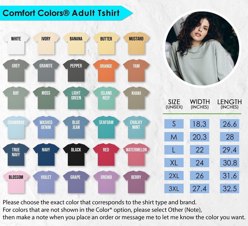 The image is an advertisement for an adult t-shirt, featuring a collage of different colored t-shirts and a woman's portrait. The t-shirts are arranged in rows, each representing a different color, and the woman's portrait is placed above the t-shirts. The image includes a color chart with the corresponding sizes and widths of the t-shirts, as well as a note for selecting a specific color that corresponds to the shirt type and brand.
