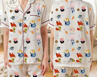 Disney Zootopia Pajama Set for Women, Judy Hopps Nick Wilde Sleepwear, Cute Cartoon Satin PJ Set, Funny Animal Nightwear, Gift for Her