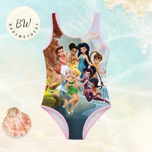 Disney Tinker Bell Fairy Swimsuit for Girls, Pixie Hollow Friends Kids One Piece Swimwear, Cute Cartoon Summer Beach Bathing Suit, Gift