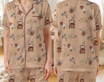 Tow Mater Lightning McQueen Thunder 95 Unisex Satin Pajamas Set, Disneyland Pajamas, Long Sleeve And Short Styles