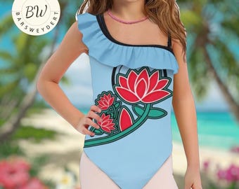 Custom Kpop Demon Hunters Swimsuit for Girls, One Shoulder Ruffle Lotus Print One Piece Kids Swimwear, Huntrx Style Summer Beachwear