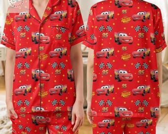 Disney Cars Lightning McQueen Pajama Set, Cartoon Race Car Sleepwear Women, Short Sleeve PJ Set, Kawaii Loungewear, Summer Gift