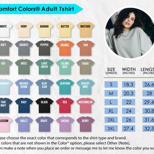 The image is an advertisement for an adult t-shirt, featuring a collage of different colored t-shirts and a woman's portrait. The t-shirts are arranged in rows, each representing a different color, and the woman's portrait is placed above the t-shirts. The image includes a color chart with the corresponding sizes and widths of the t-shirts, as well as a note for selecting a specific color that corresponds to the shirt type and brand.