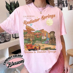 A person wearing a pink t-shirt with a graphic design depicting a desert landscape and various landmarks, including a car and a water tower, along with the text "California Radiator Springs Welcome to Radiator Springs".
