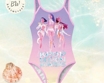 KPOP Demon Hunters Swimsuit, Girls One Piece Swimwear, Kpop Style Bathing Suit, Cute Idol Cartoon Swim, Summer Beach Outfit