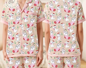 Disney Marie Pajama Set, Cute Cat Christmas Pajamas, Pink Holiday Sleepwear, Women Short Sleeve PJs, Gift for Her, Cozy Loungewear