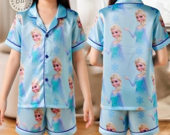 Disney Frozen Elsa Pajama Set, Princess Cartoon Sleepwear Kids, Cute Girls Short Sleeve PJ Set, Kawaii Loungewear, Summer Gift