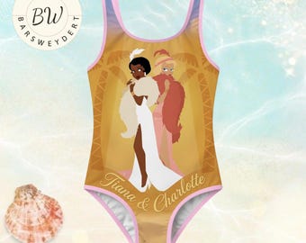 Disney Princess and the Frog Swimsuit for Girls, Tiana and Charlotte One Piece Kids Swimwear, Disney Bathing Suit, Cute Summer Beach Outfit