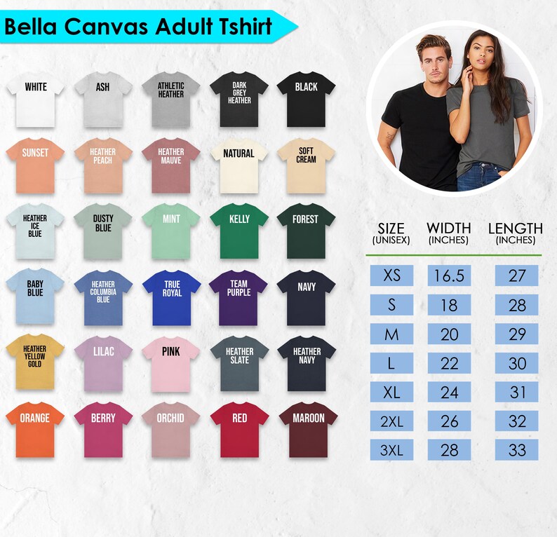 The image is a collage of various adult t-shirt designs, including different colors and styles, along with their corresponding sizes and widths.