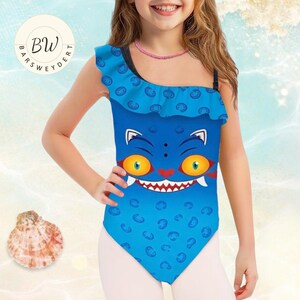 Custom Kpop Demon Hunters Swimsuit for Girls, Cute Cat Face One Shoulder Ruffle One Piece Kids Swimwear, Huntrx Style Summer Beachwear