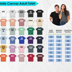The image is a collage of various adult t-shirt designs, including different colors and styles, along with their corresponding sizes and widths.