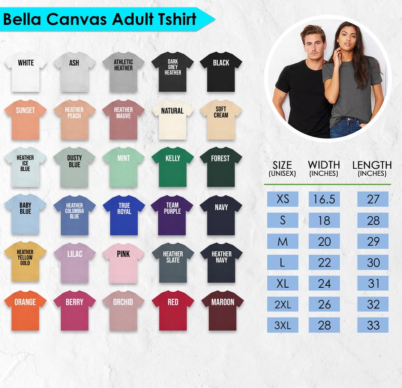 The image is a collage of various adult t-shirt designs, including different colors and styles, along with their corresponding sizes and widths.