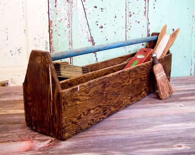 Vintage Wooden Tool Caddy Extra Long With Blue Handle Etsy