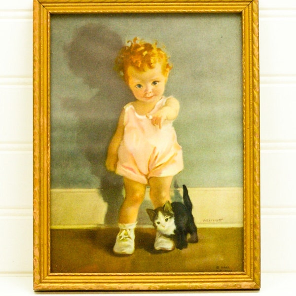 Framed Vintage Art 1930s Print by Nell Hott Titled All Better Now Baby Girl and Kitty