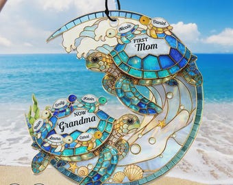 Personalized First Mom Now Grandma Suncatcher, Stained Glass Turtle Window Hanging, Custom Mother's Day Gift for Grandma Nana, Sea Turtle