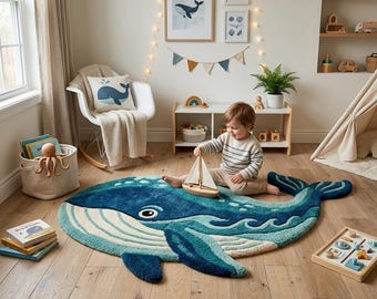 Handcrafted Whale Shaped Rug, Nursery Ocean Theme Playmat, Soft Children's Area Rug