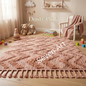 Handgemachter altrosa Baumwollteppich - Zickzack-Quasten, waschbares Boho-Kinderzimmer-Dekor