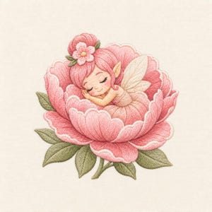 Sleeping Peony Fairy Embroidery Design Dreamy Blossom Pixie Nursery Whimsical Floral Keepsake Pattern