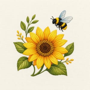May include: An embroidery design featuring a bright yellow sunflower with a dark brown center, surrounded by green leaves and small yellow buds. A fuzzy black and yellow bumblebee with light blue-tinted wings is positioned above the flower.