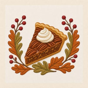 Puede incluir: Un diseño bordado que muestra una porción de tarta de nuez pecana con un copete de nata montada blanca, enmarcado por dos ramas curvas de bayas rojas y hojas de roble con colores otoñales en tonos naranja, marrón y verde oliva.