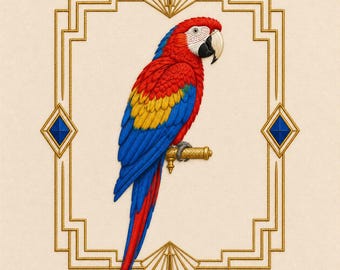 Scarlet Macaw Art Deco Embroidery Design Tropical Parrot Exotic Luxury Machine Stitch Pattern