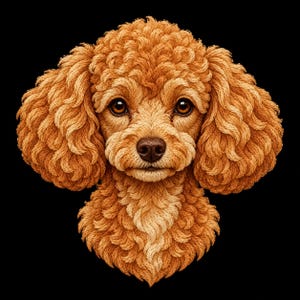 May include: A detailed embroidery portrait of a golden-brown poodle dog with curly, textured fur, large dark brown eyes, and a black nose, presented against a solid black background, showcasing intricate thread work and shading.