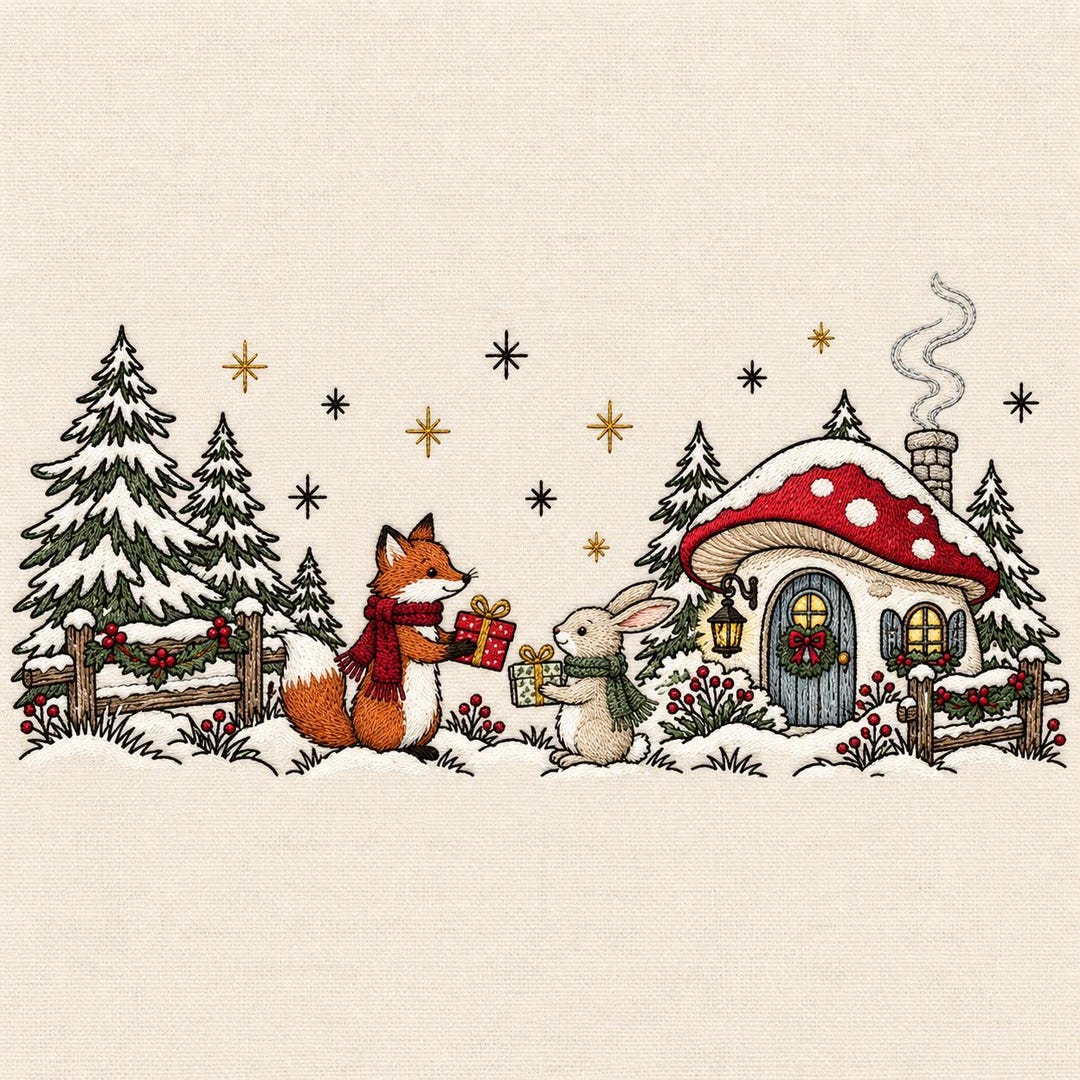 Christmas Fox and Rabbit Machine Embroidery Design With Mushroom ...