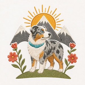 May include: An embroidered design featuring a blue merle Australian Shepherd dog with a turquoise collar standing on a green hill. Behind the dog are grey mountains with white snow-capped peaks, a yellow sun with rays, and orange flowers on each side.