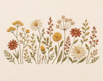 May include: An embroidery design featuring a variety of wildflowers in shades of mustard yellow, burnt orange, cream, and sage green. The botanical arrangement includes daisies, sprigs, and leafy stems stitched onto a light beige fabric background.