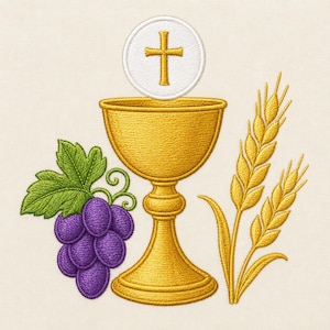 May include: An embroidery design featuring a golden chalice centered below a white circular host with a gold cross. To the left is a cluster of purple grapes with green leaves, and to the right are two stalks of golden wheat on a cream fabric.