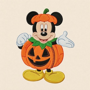 May include: An embroidered patch featuring a cartoon mouse character wearing a pumpkin costume. The character has black ears, white gloves, and yellow shoes, with a carved jack-o'-lantern pumpkin body and a small pumpkin hat on its head.