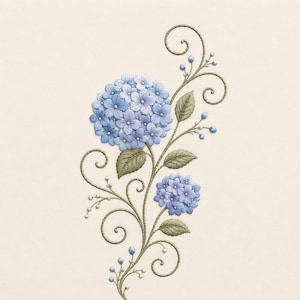 May include: An embroidery design featuring two clusters of blue hydrangea flowers with green leaves and stems. The stems form intricate swirls and curls, accented with small blue buds and tiny white beads, all set against a solid cream background.