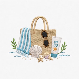 Beach Essentials Embroidery Design Summer Vacation Coastal Resort Seaside Accessories