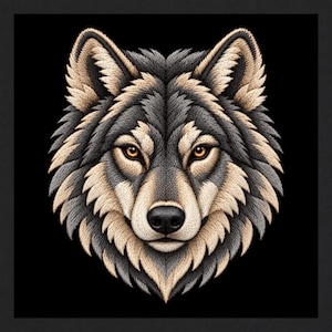 May include: A detailed embroidery design of a wolf head facing forward, featuring intricate stitching in shades of charcoal gray, silver, and cream. The wolf has piercing amber eyes and a black nose, set against a solid black background.