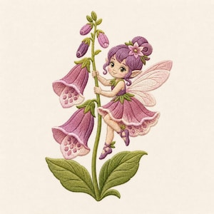 Può includere: Un ricamo raffigurante una fata con capelli viola e un vestito rosa, che si tiene a un alto stelo verde con diversi fiori di digitale viola a forma di campana. La fata ha la pelle chiara, orecchie a punta e ali traslucide.