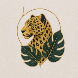 May include: Embroidered image of a leopard's head in profile, featuring gold thread detailing and black spots. The leopard is framed by a gold circle and dark green leaves, set against a cream-colored background. The design has a botanical and animal theme.