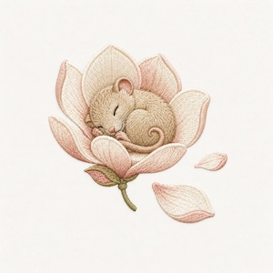 May include: An embroidery design featuring a small, light brown mouse curled up and sleeping inside a large, pale pink magnolia flower. The flower has layered petals with soft pink shading, a green stem, and two detached petals floating to the side.
