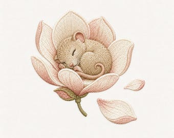 May include: An embroidery design featuring a small, light brown mouse curled up and sleeping inside a large, pale pink magnolia flower. The flower has layered petals with soft pink shading, a green stem, and two detached petals floating to the side.