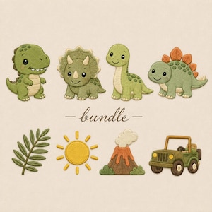Peut inclure: Un ensemble de motifs de broderie comprenant quatre dinosaures verts, une feuille de palmier, un soleil jaune, un volcan brun avec de la fumée et un véhicule tout-terrain vert. Le mot bundle est centré entre les deux rangées d'icônes brodées.