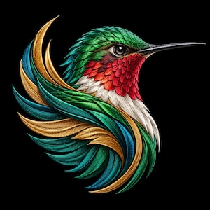Ruby Throated Hummingbird Machine Embroidery Design Colorful Bird Portrait with Emerald Feathers