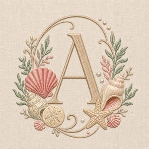 May include: Embroidered letter "A" within a beige oval, decorated with seashells, a starfish, and pearls. The design includes a coral-coloured scallop shell, a sand dollar, and green and pink foliage. The background is a light beige fabric.