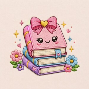 May include: An embroidered stack of three books in pink, blue, and purple. The top pink book features a smiling face, a large pink bow with a gold heart, and a blue bookmark. The stack is surrounded by embroidered flowers, hearts, and stars.