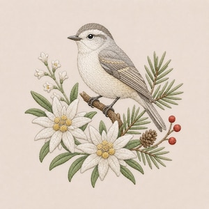 May include: An embroidery design featuring a small grey and white bird perched on a brown branch, surrounded by white edelweiss flowers with yellow centers, green pine needles, a small brown pinecone, and a sprig of three small red berries.