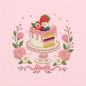May include: An embroidery design featuring a layered cake on a pedestal stand, topped with strawberries, raspberries, and blueberries. The cake is surrounded by a wreath of pink and white flowers, green leaves, and a pink ribbon bow at the base.
