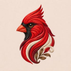 Puede incluir: Un parche bordado que muestra el perfil de un pájaro cardenal. El diseño presenta hilos de color rojo vibrante para las plumas, una máscara negra alrededor del ojo, un pico naranja y volutas decorativas en forma de hojas color crema y marrón.