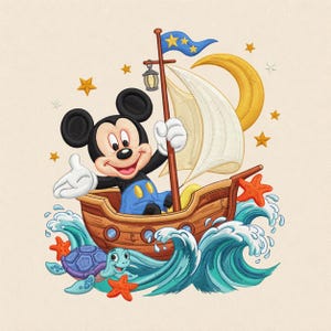 Disney Mickey Mouse Sailboat Embroidery Design Ocean Adventure Turtle Waves Gift