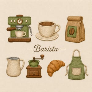 May include: An embroidered set featuring a green espresso machine, a beige coffee cup on a saucer, a brown coffee bean bag, a beige pitcher, a wooden coffee grinder, a golden-brown croissant, and a green apron with the text Barista in the centre.