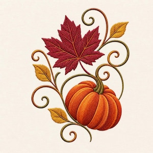 May include: An embroidery design featuring a vibrant orange pumpkin with a green stem, positioned below a large, detailed deep red maple leaf. The composition is accented by swirling green vines and several smaller golden yellow autumn leaves.