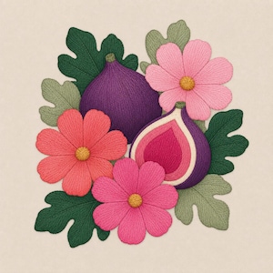 May include: An embroidery design featuring two whole purple figs, one halved fig showing a pink interior, three pink and coral flowers with yellow centers, and several dark green and light green lobed fig leaves arranged in a cluster.
